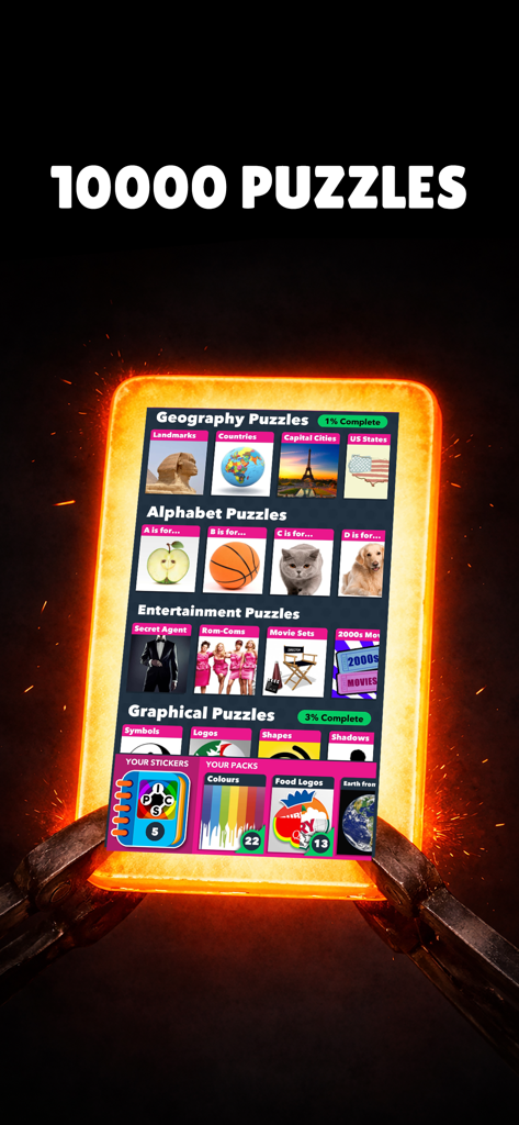 Una pantalla de juego de Word Forge que muestra varias categorías de puzzles como Geografía y Entretenimiento con el titular 10000 puzzles