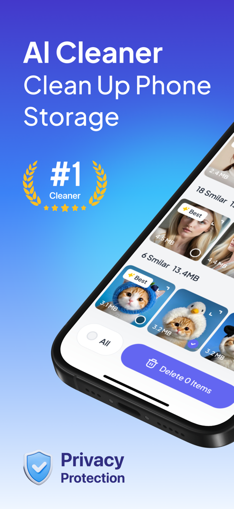 AI Cleaner Guru: Photo Cleaner - Interfaz de AI Cleaner Guru mostrando la limpieza del almacenamiento de fotos y la protección de la privacidad