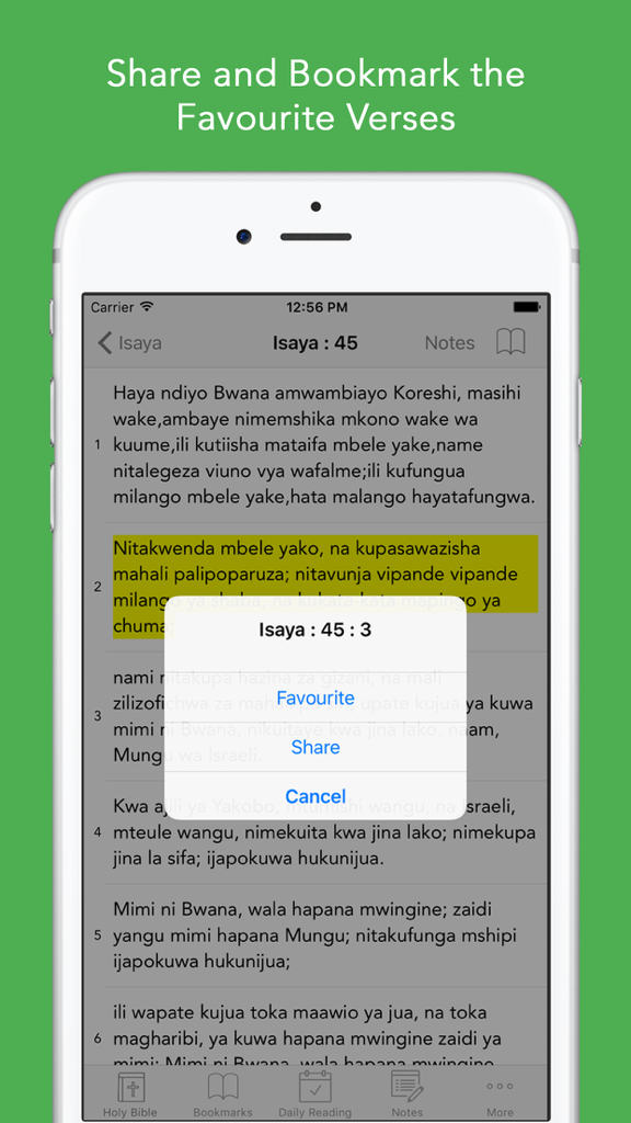 Swahili Bible: Easy to use Biblia Takatifu app for daily offline Bible book reading - Interface showing how to bookmark and share favorite verses in the Swahili Bible app