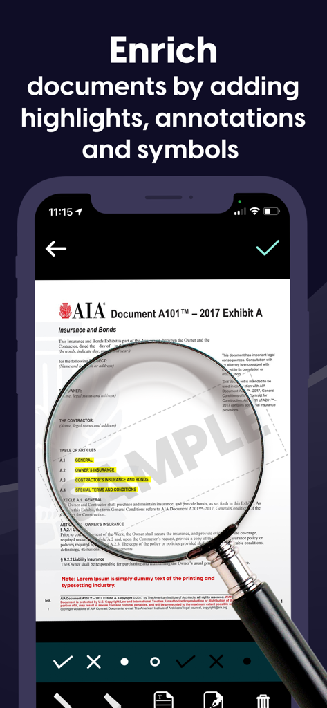 Benutzeroberfläche einer mobilen App, die ein Dokument anzeigt, das mit Hervorhebungen und Anmerkungen mit einer Lupe bearbeitet wird.