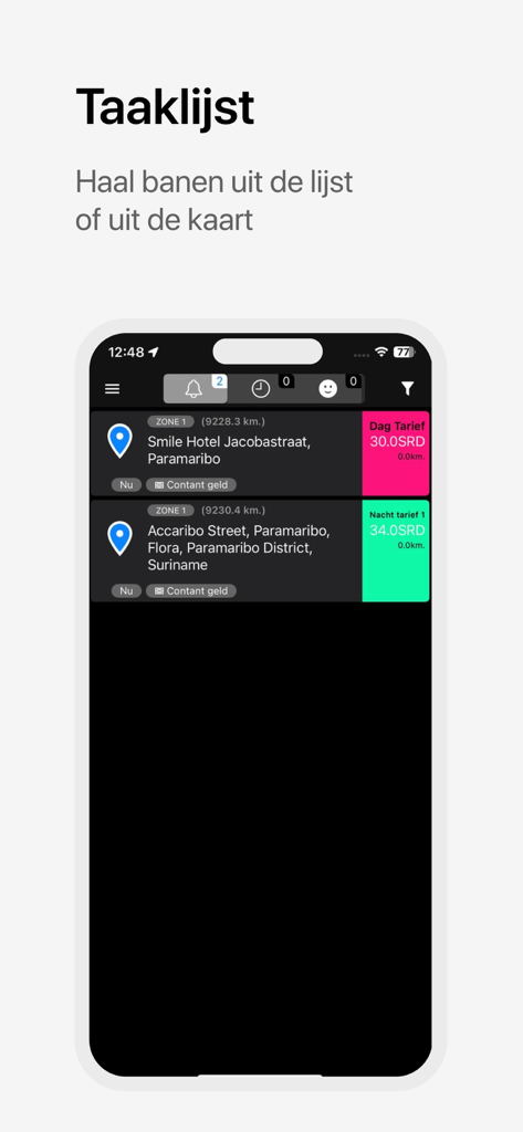 1661 Mavis Driver - 1661 Mavis Driver app interface showing a list of available taxi ride requests with locations and fares
