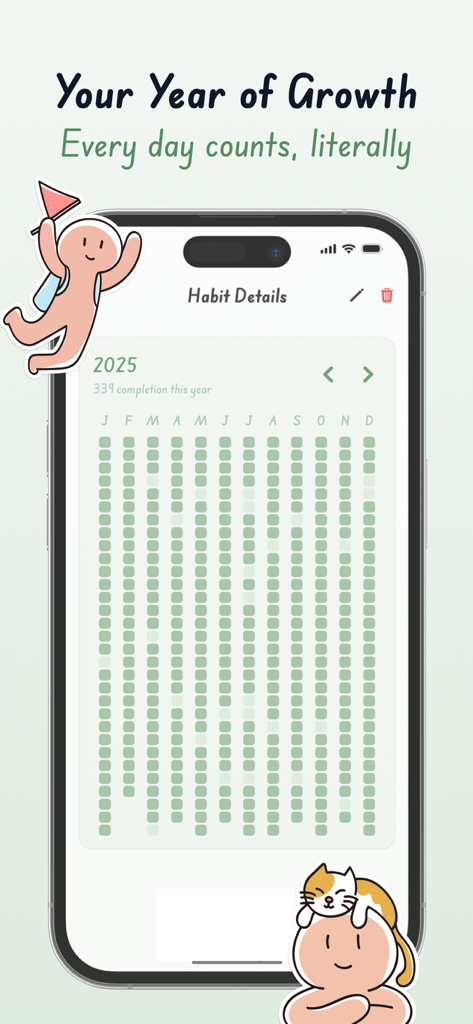 Cozy - Cute Habit Tracker - A yearly habit tracking grid view in the Cozy app showing daily progress with cute character illustrations