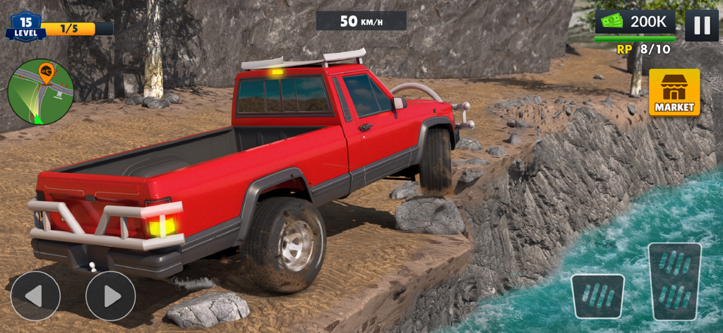 4x4 Offroad Truck Driving Game - A red 4x4 pickup truck navigating a narrow rocky path along a river in an offroad driving simulator