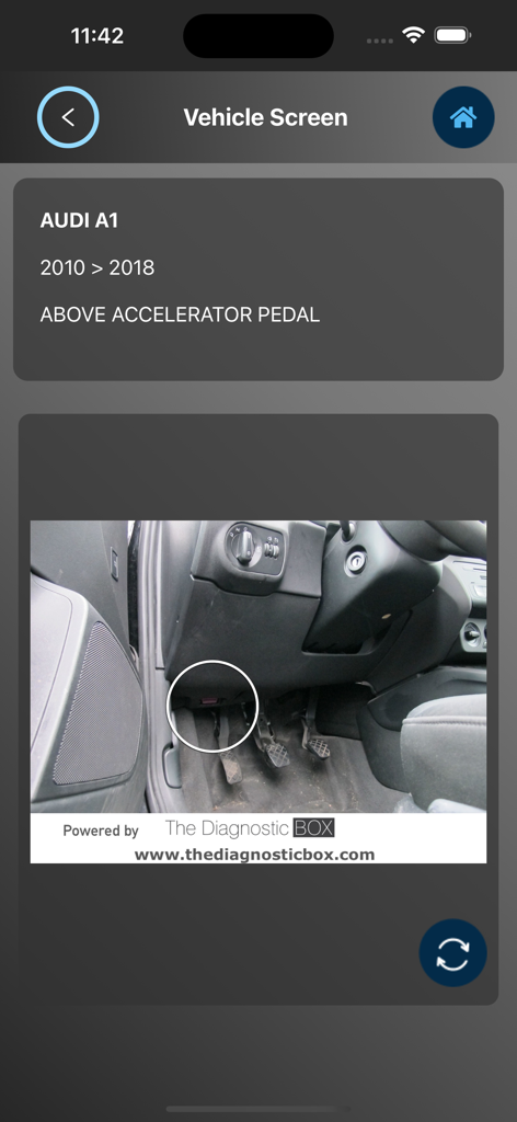 Screenshot of the WIKI OBD PRO app displaying the diagnostic socket location for an Audi A1 above the accelerator pedal.