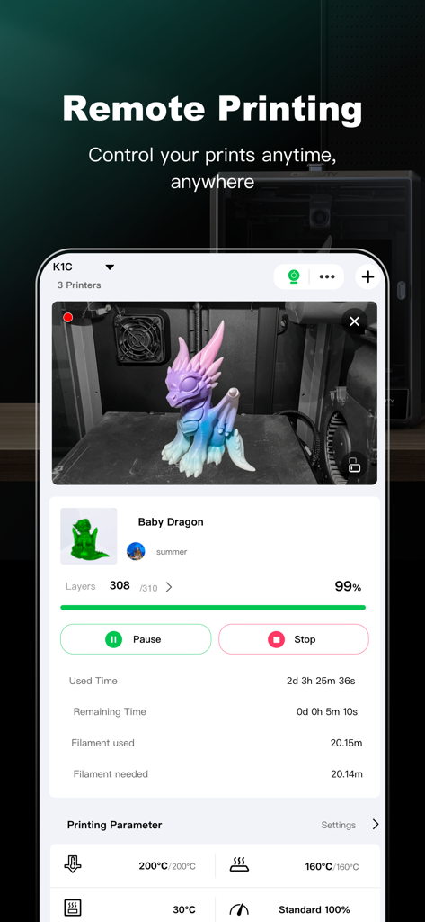 Creality Cloud - 3D Printing - Creality Cloud app interface showing remote 3D printing monitor of a Baby Dragon model with progress and control buttons