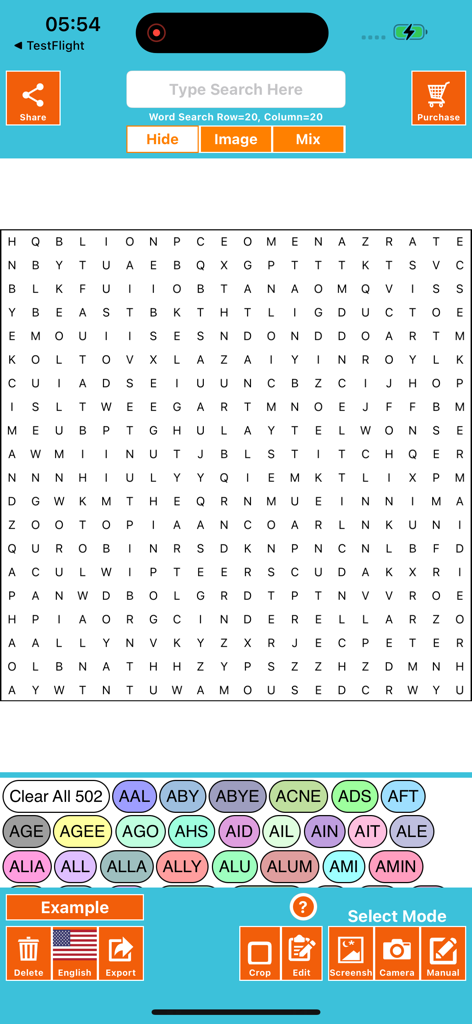 Word Search Solver AI Omniglot - Main interface of the Word Search Solver AI app showing a 20 by 20 letter grid and a list of found words at the bottom.