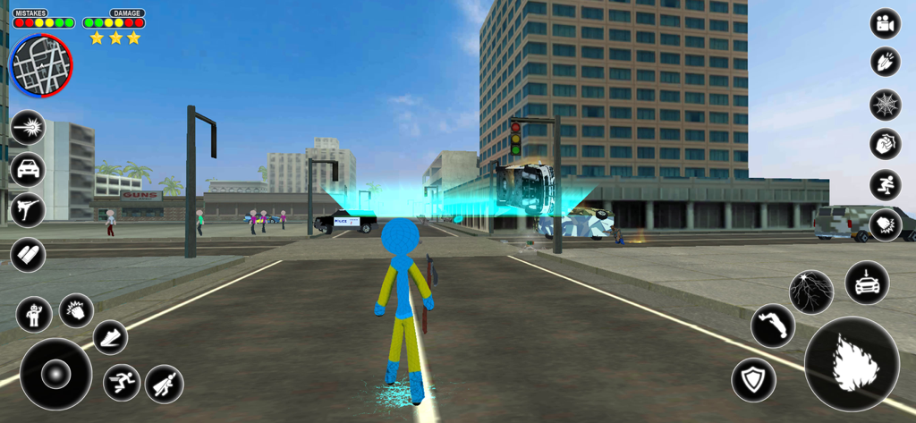 Stickman Rope Hero Spider Game - Personaje héroe stickman de pie en una calle de ciudad abierta en 3D con controles de juego móvil