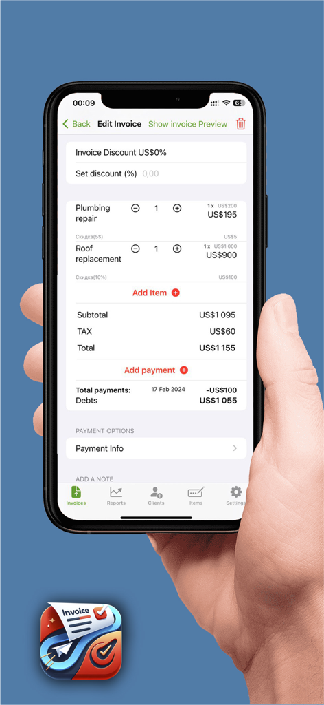 Invoice Pro Maker: PDF Billing - Interface of the Invoice Pro Maker app showing a professional billing and estimate editor on an iPhone.