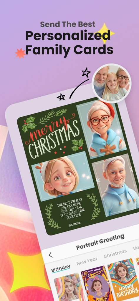 PicPartyアプリのインターフェースで、AIキャラクターを使ったパーソナライズされたクリスマスカードを作成しています