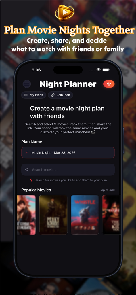 Cinema Box : Movies & Showbox - Interface showing the Cinema Box Night Planner feature for creating and sharing movie night plans with friends