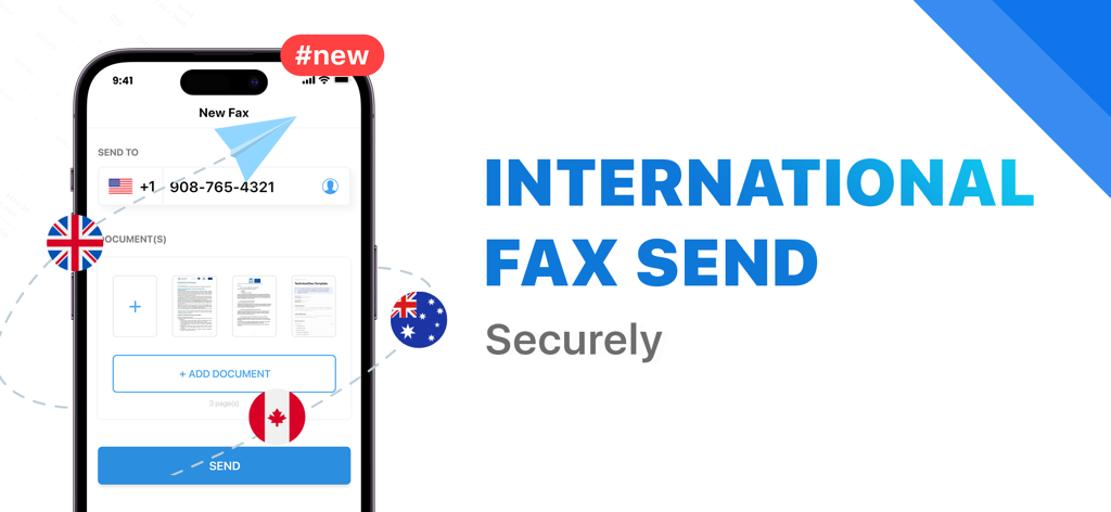 iPhone app interface for sending international faxes securely with document attachments