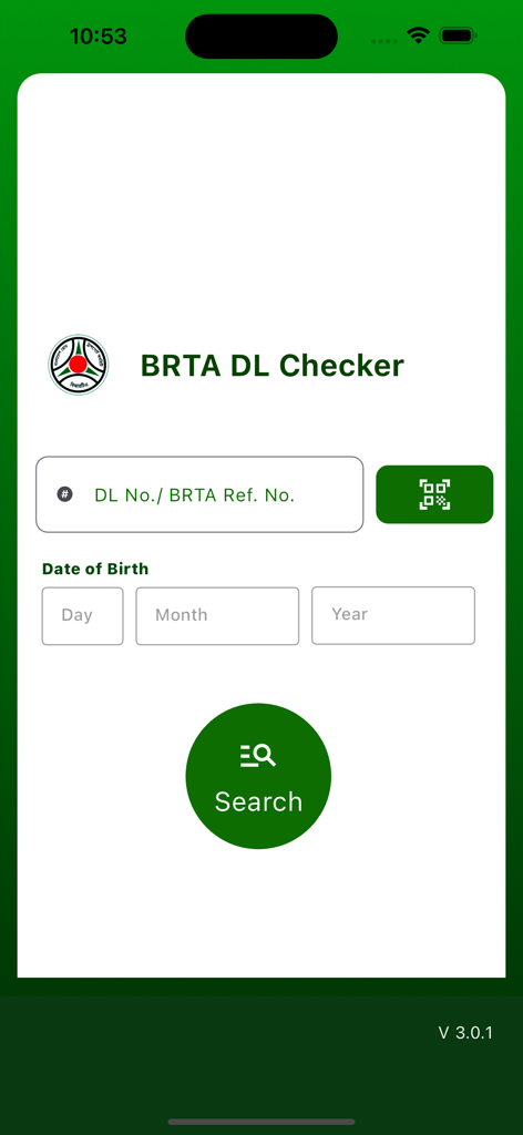 BRTA DL Checker - Home screen of the BRTA DL Checker app showing fields for license number and date of birth