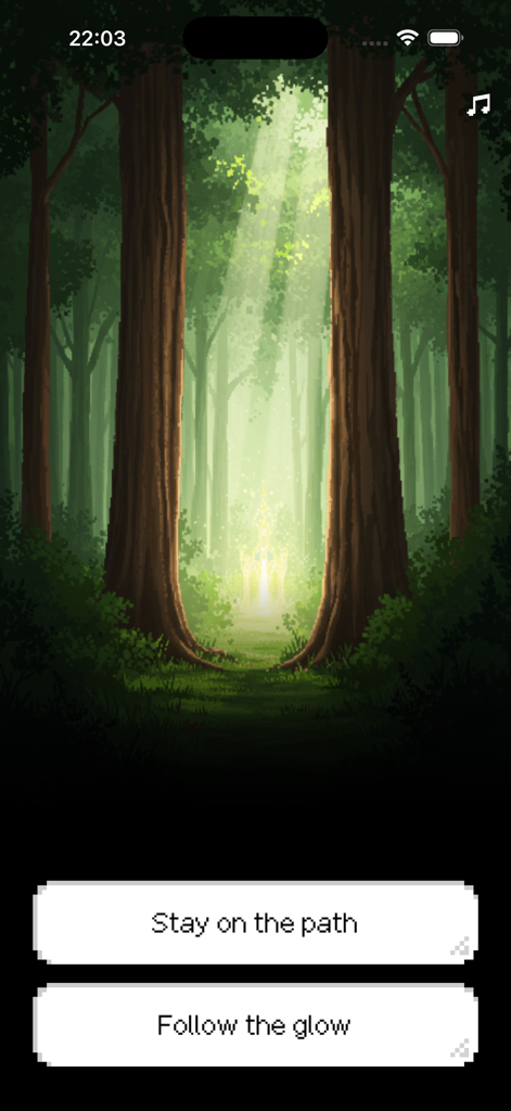 Pick-A-Path - A choice screen in the Pick-A-Path app showing a magical forest with two options: Stay on the path or Follow the glow.