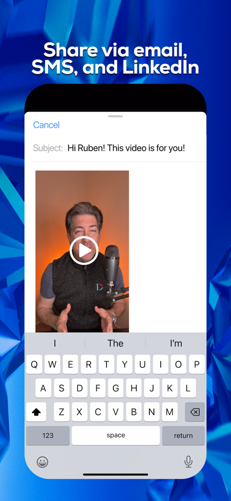 Dubb: AI, teleprompter, video - Dubb app interface showing options to share personalized video messages via email and LinkedIn.