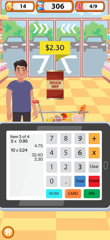 Cashier simulator interface with a customer buying tomato soup at a checkout counter