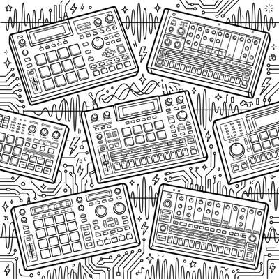Dive into the world of electronic music production with this intricate drum machines coloring page. Perfect for music enthusiasts and aspiring producers, it offers a detailed look at these beat-making instruments.