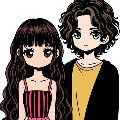 girl with longer than shoulder length black hair with curtain bangs with her boyfriend who has long curly hair and blue eyes