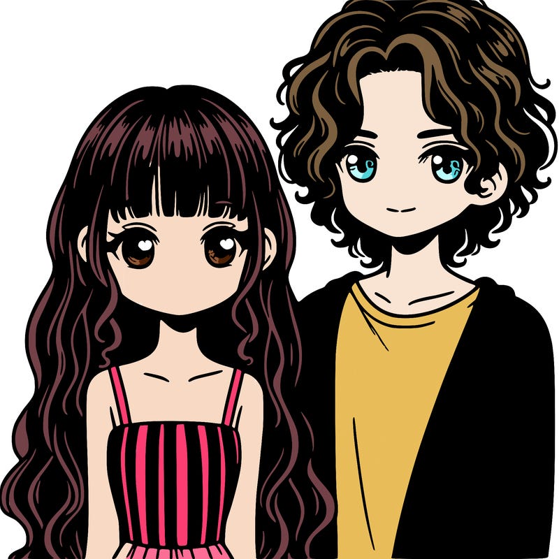 girl with longer than shoulder length black hair with curtain bangs with her boyfriend who has long curly hair and blue eyes