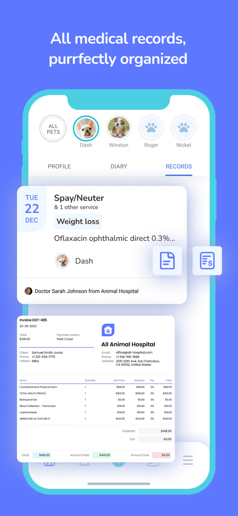 Digitail - Smarter Pet Care - Digitailアプリのインターフェースには、整理されたペットの医療記録と獣医からの請求書が表示されています