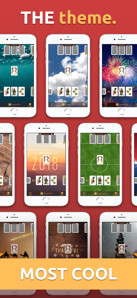 Scopa Pro - THE card game - Múltiples pantallas de smartphone mostrando diferentes temas de fondo HD para el juego de cartas Scopa Pro.