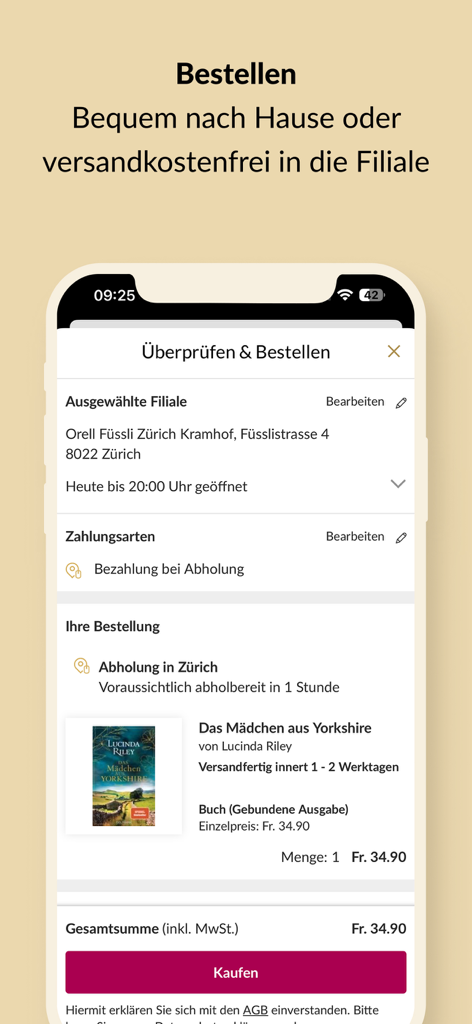 Orell Füssli – Mein Buch - Mobile app checkout screen for Orell Fuessli showing book order details and store pickup selection in German.