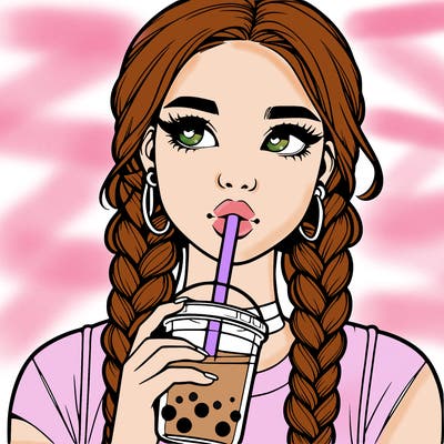 realistic girl with braided hair drinking boba
