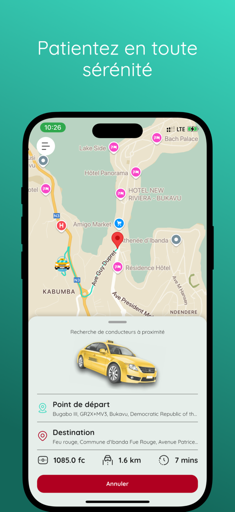 Yutto - Yutto app screen showing a taxi location on a map with destination details and ride estimate