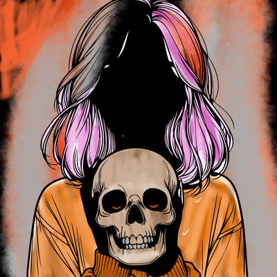 realistic girl holding a skull