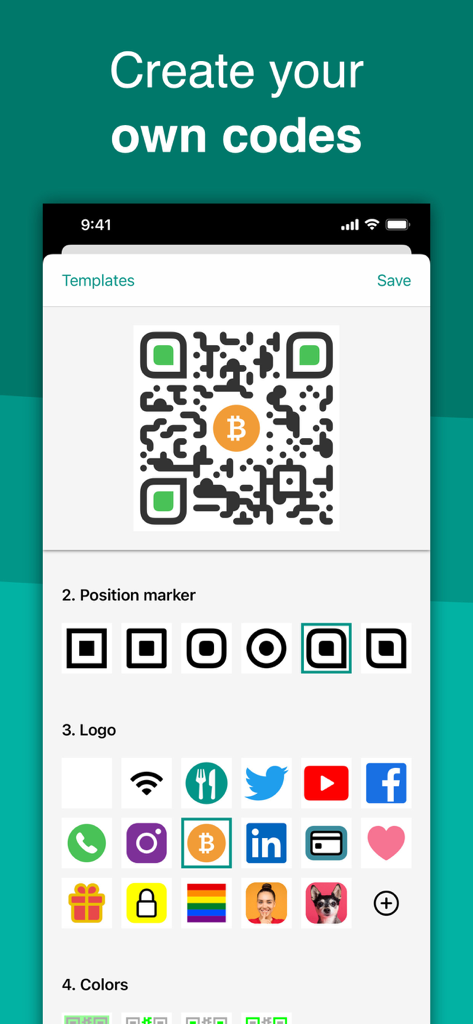 Interfaccia che mostra come creare e personalizzare i codici QR con loghi e stili diversi nell'app QRbot