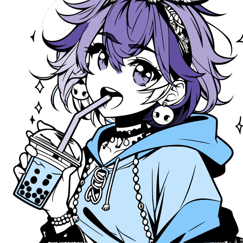 hot baddie anime girl drinking boba and biting the straw