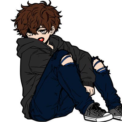 a male hoddie ripped jeans messy hair anime