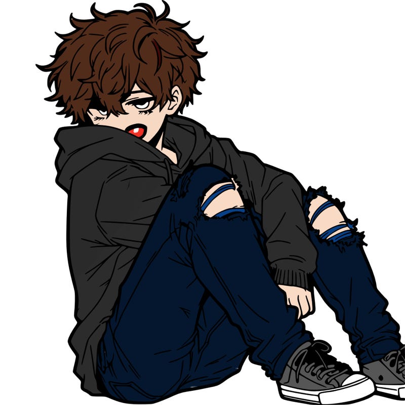 a male hoddie ripped jeans messy hair anime