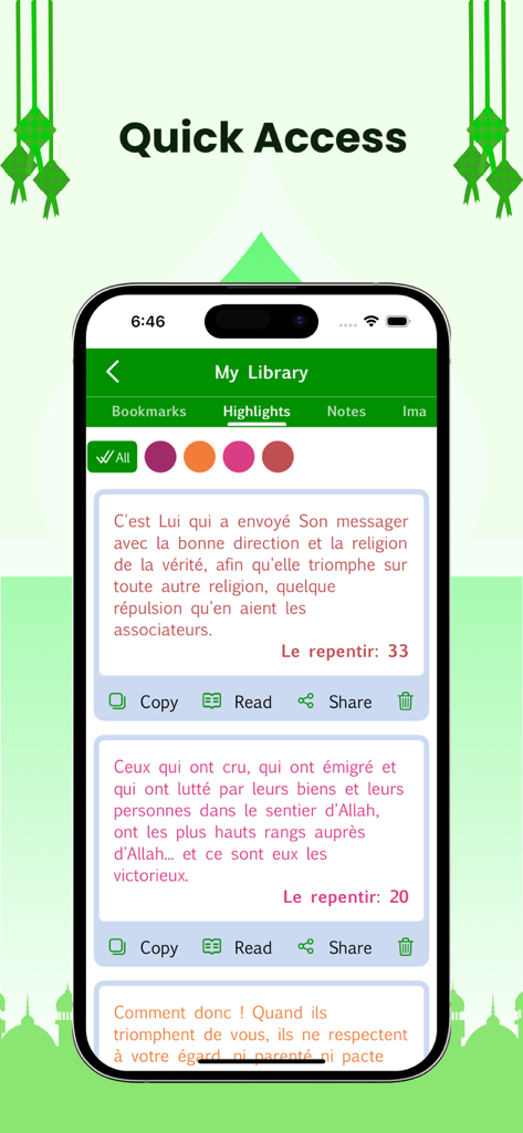 ‎Le Coran en Français - ハイライトされた聖句と共有機能を表示するフランス語版コーランアプリのライブラリセクション