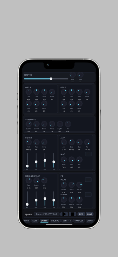zpunk - La pantalla de sintetizador de la app móvil zpunk mostrando perillas de ajuste de oscilador y filtro.