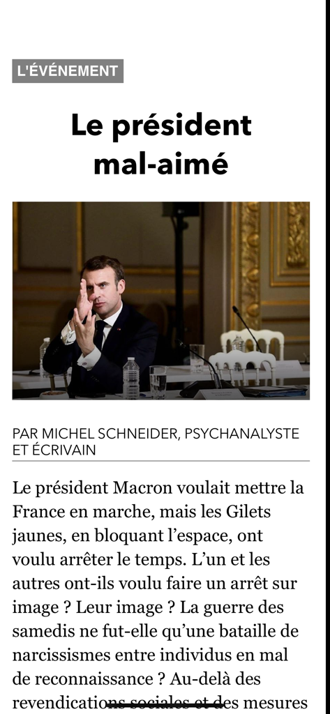 Digital newspaper article about French President Emmanuel Macron in the legacy JDD app
