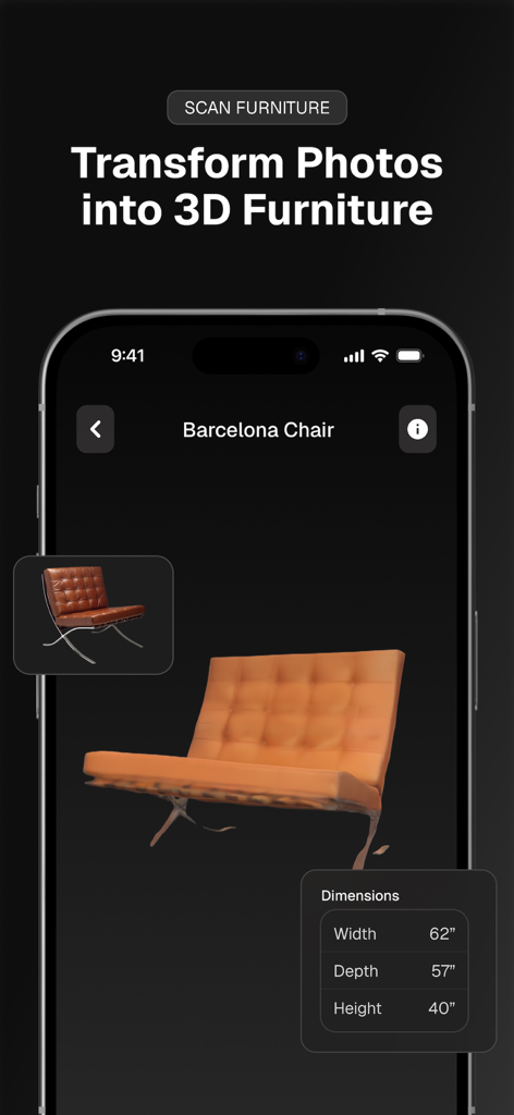 The Kanai app interface showing a furniture photo being transformed into a 3D model of a Barcelona chair with dimensions