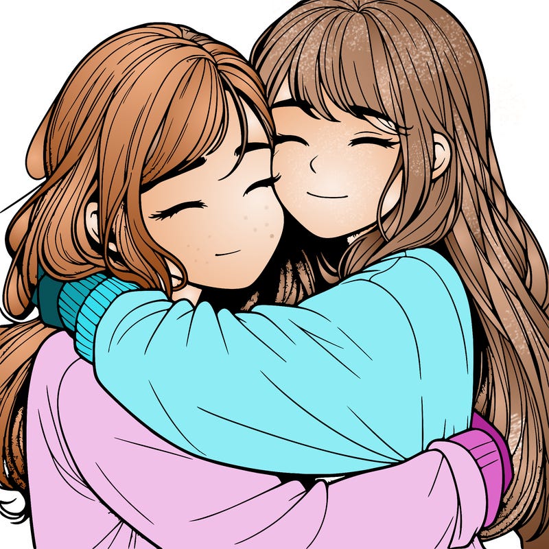 realistic two girls hugging