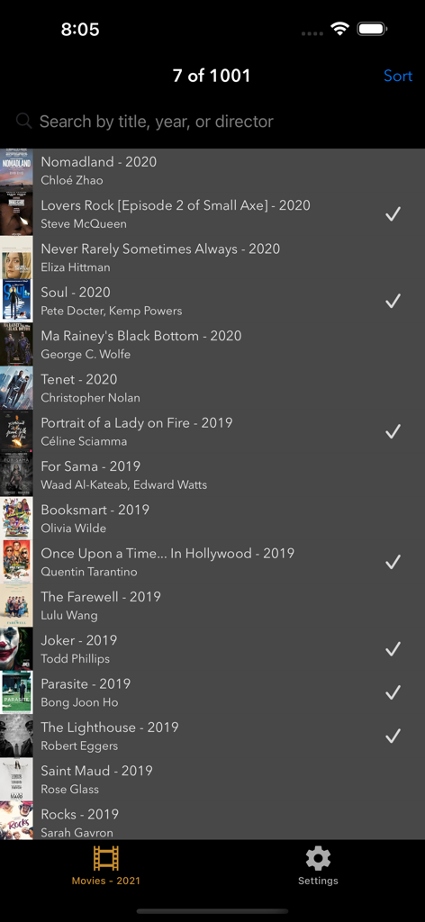A movie checklist screen in the 1001 Movies app showing a list of films with titles and checkmarks for watched entries.
