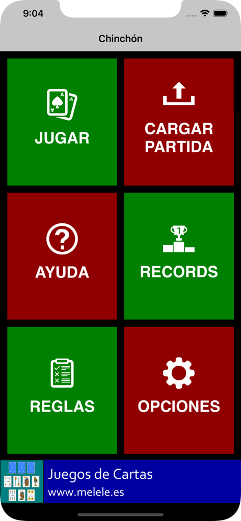 iChinchon - Main menu of the iChinchon card game app featuring large high-contrast buttons for playing, loading games, help, records, rules, and options.