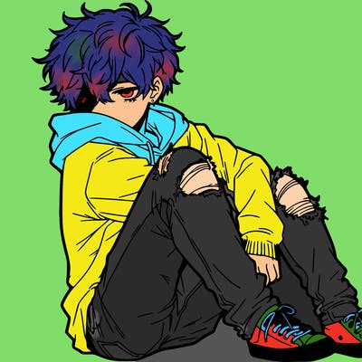 a male hoddie ripped jeans messy hair anime