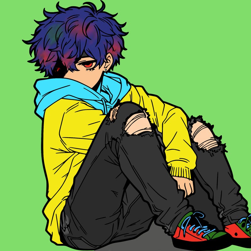 a male hoddie ripped jeans messy hair anime