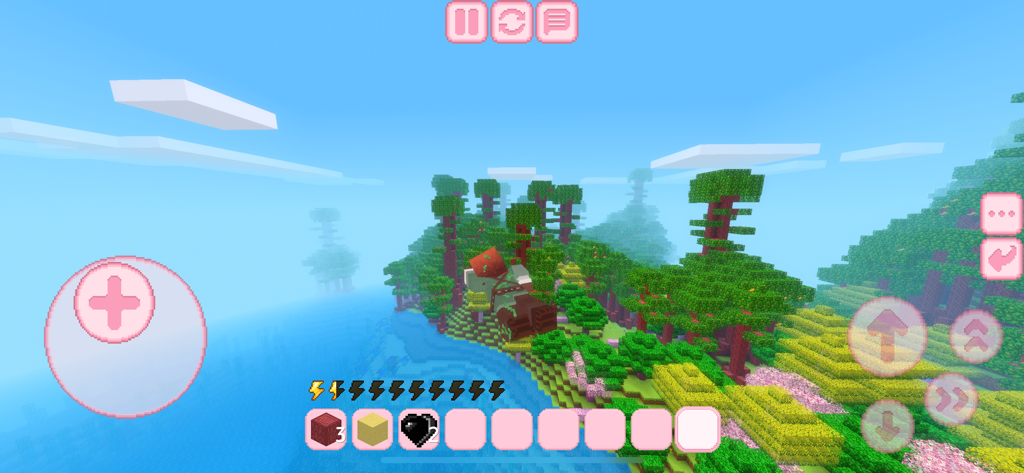Exploring a colorful block world with pink trees and blue ocean in Kawaii Craft