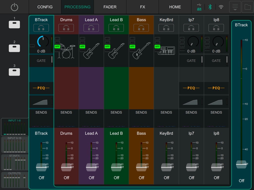 Interface of the CQ MixPad app displaying audio processing controls and faders for drums guitars and keyboards.