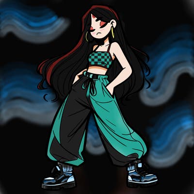 girl in baggy pants crop top and long hair