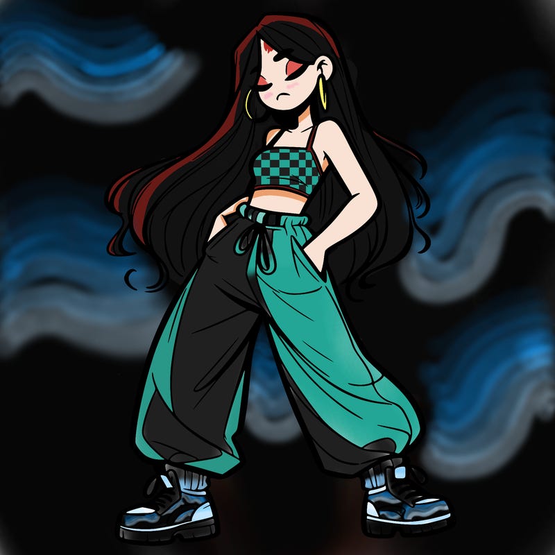 girl in baggy pants crop top and long hair