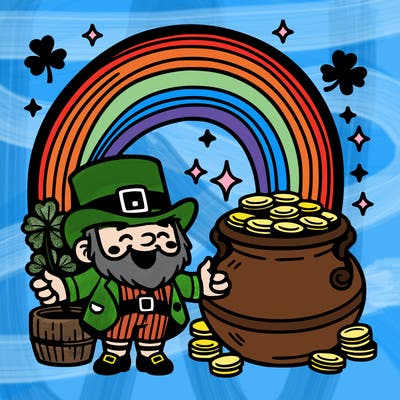 st patrick day with rainbow and gold with leprechaun