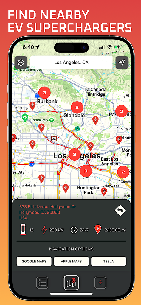 Tesla Supercharger App-Karte zeigt Standorte und Details von Ladestationen in Los Angeles