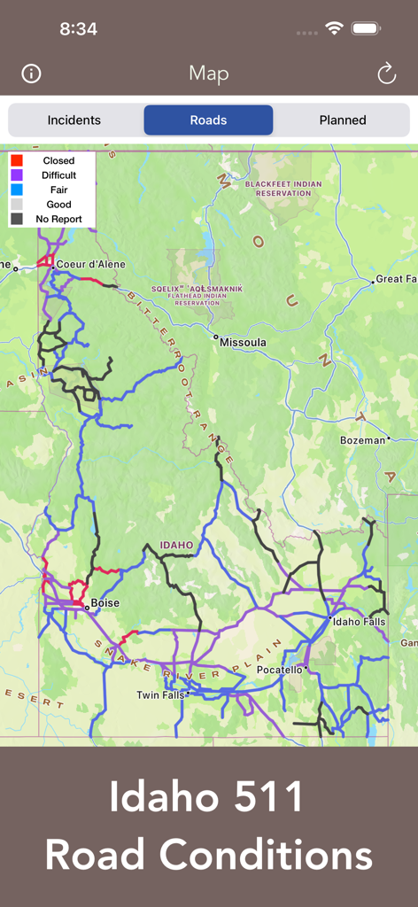 Un mapa de Idaho dentro de la aplicación que muestra condiciones de carretera codificadas por colores, incluyendo estados de cerrado, difícil y bueno.