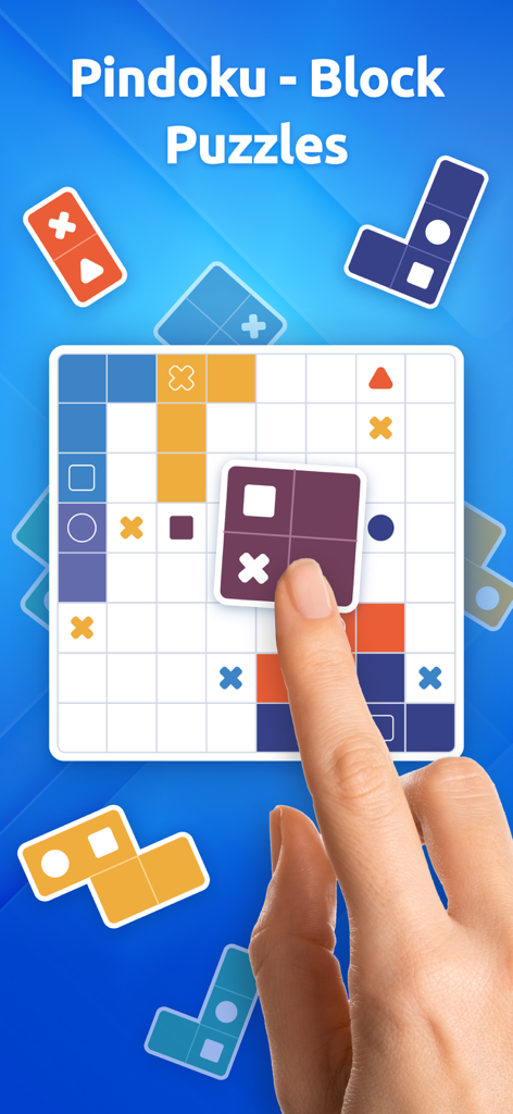 Pindoku－Pixel Block Puzzle - Una mano arrastrando un bloque cuadrado de colores a una cuadrícula de rompecabezas en el juego móvil Pindoku
