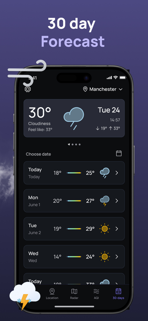NOAA Weather Radar, Forecast - Una pantalla de smartphone que muestra un pronóstico meteorológico de 30 días con tendencias de temperatura e iconos meteorológicos diarios